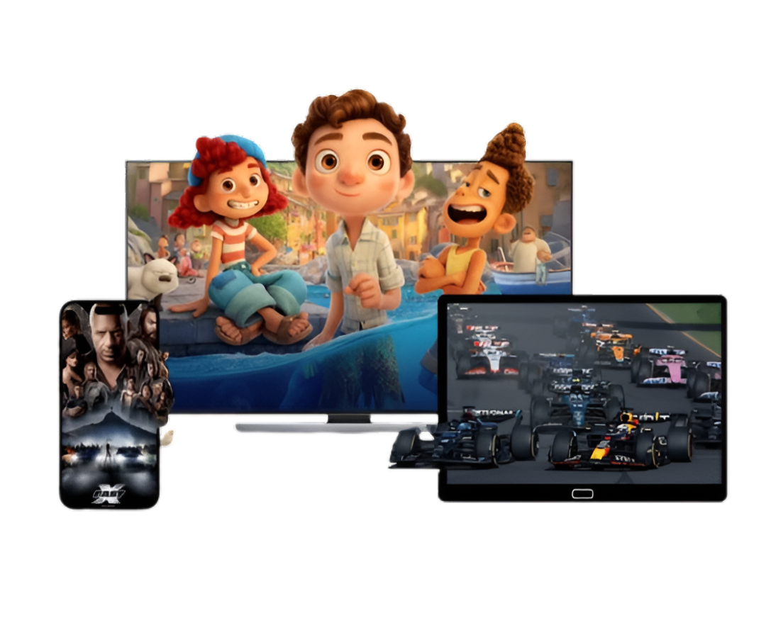 Various streaming devices showing animated movies, action series, and live Formula 1 racing